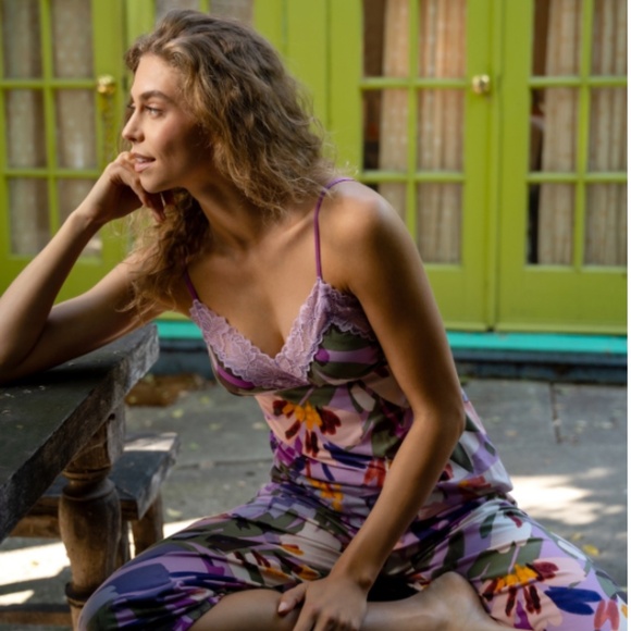 Linea Donatella 2-Pc. Cropped Knit Pajamas Set Purple Botanical NWT - Picture 4 of 5